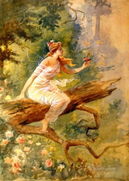 妖精 Painting - 森のニンフ 1898年 チャールズ・マリオン・ラッセル 妖精